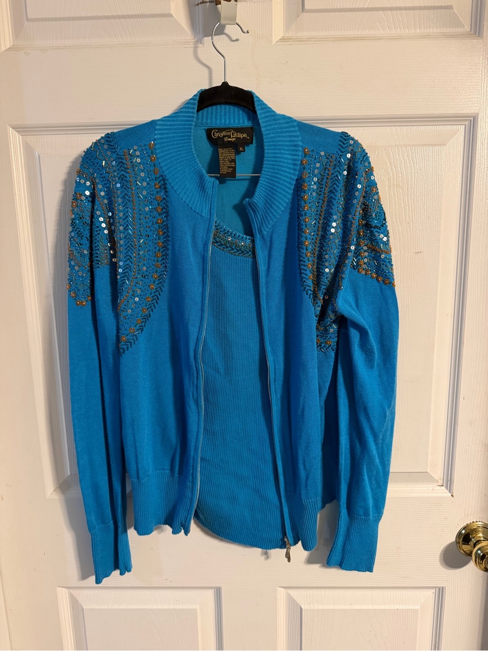 Christine Phillipe Turquoise Sequin-Embellished Zip Cardigan Set